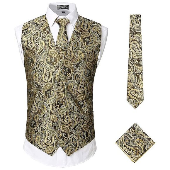 MENS Classic 3pc Jacquard Paisley Vest Set : Gold